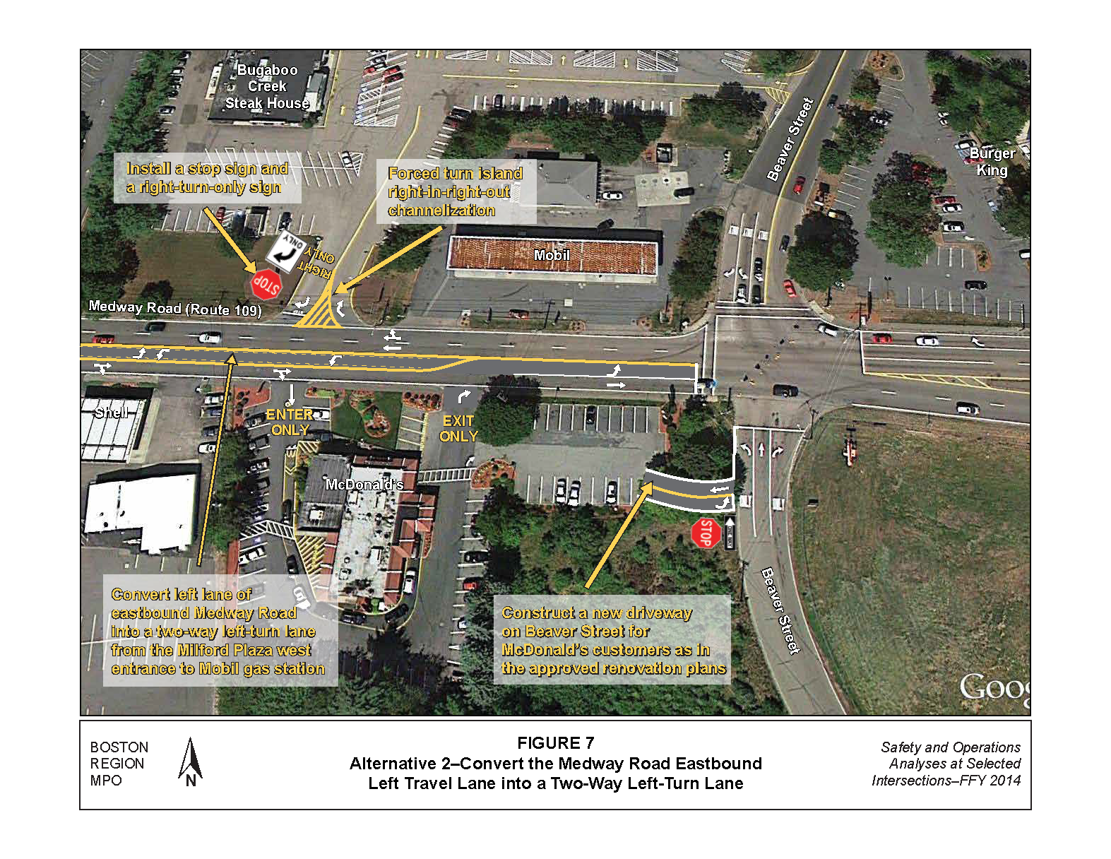 FIGURE 7. Aerial-view map that illustrates MPO staff “Improvement Alternative 2,” which recommends converting the Medway Road eastbound left travel lane into a two-way left-turn lane in order to improve safety and access to businesses on Medway Road.